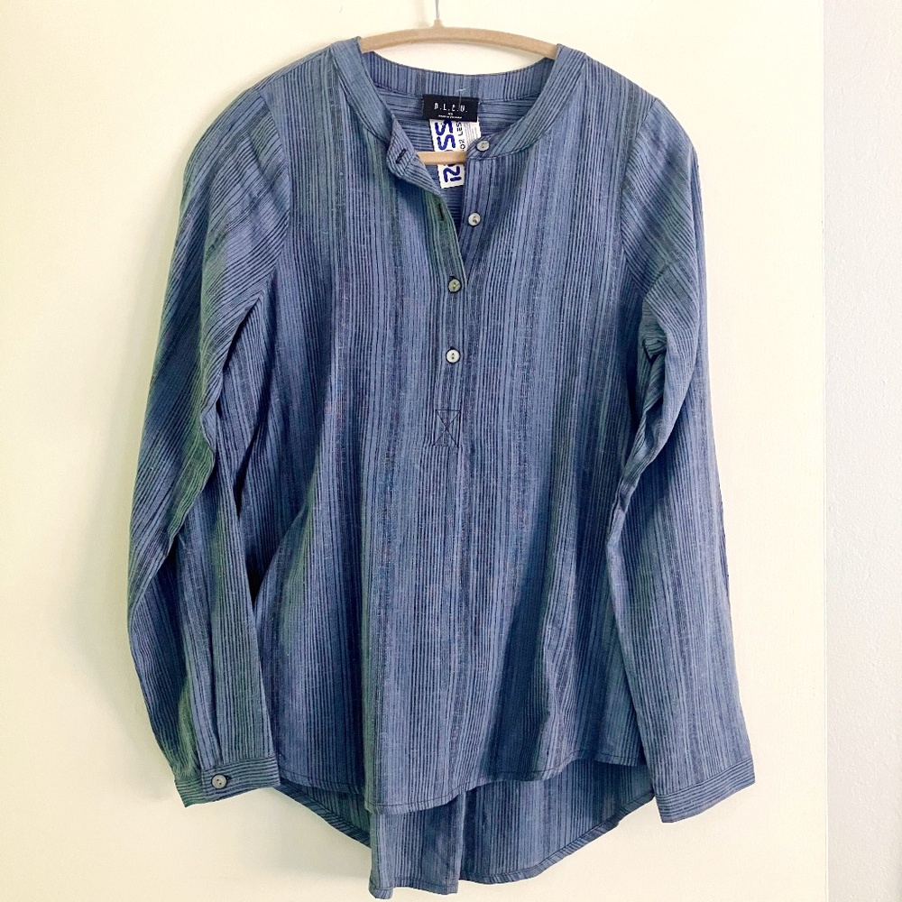 NWT B.L.E.U  linen blend long sleeve blue striped blouse boho top size XS
